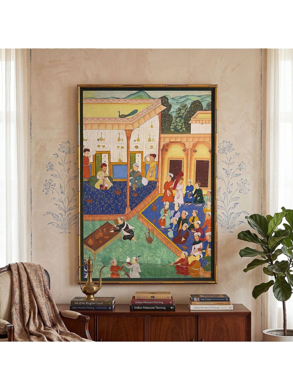 Large Hand Painted Mughal Court Scene Framed Painting Peacock Indian 32x48 inch